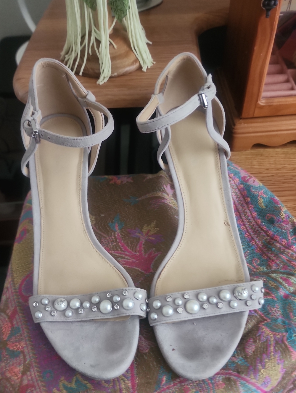 Michael Kors Pearl-Embellished Ankle-Strap Heels - Light Gray